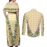 Hawaii Pikake Lokelani Plumeria Lei Couples Matching Off Shoulder Maxi Dress and Long Sleeve Button Shirt Yellow Palaka Motifs
