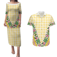 Hawaii Pikake Lokelani Plumeria Lei Couples Matching Puletasi and Hawaiian Shirt Yellow Palaka Motifs LT05 Yellow - Polynesian Pride