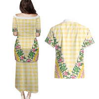 Hawaii Pikake Lokelani Plumeria Lei Couples Matching Puletasi and Hawaiian Shirt Yellow Palaka Motifs LT05 - Polynesian Pride