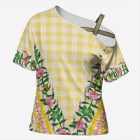 Hawaii Pikake Lokelani Plumeria Lei Cross Shoulder Shirt Yellow Palaka Motifs