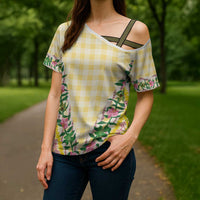Hawaii Pikake Lokelani Plumeria Lei Cross Shoulder Shirt Yellow Palaka Motifs