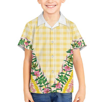 Hawaii Pikake Lokelani Plumeria Lei Family Matching Off Shoulder Short Dress and Hawaiian Shirt Yellow Palaka Motifs LT05 Son's Shirt Yellow - Polynesian Pride
