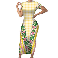 Hawaii Pikake Lokelani Plumeria Lei Family Matching Short Sleeve Bodycon Dress and Hawaiian Shirt Yellow Palaka Motifs LT05 Mom's Dress Yellow - Polynesian Pride