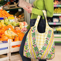Hawaii Pikake Lokelani Plumeria Lei Grocery Bag Yellow Palaka Motifs