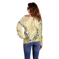 Hawaii Pikake Lokelani Plumeria Lei Off Shoulder Sweater Yellow Palaka Motifs