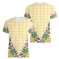 Hawaii Pikake Lokelani Plumeria Lei Women V-Neck T-Shirt Yellow Palaka Motifs LT05 - Polynesian Pride