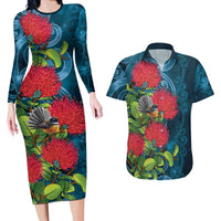 New Zealand Matariki Piwakawaka Couples Matching Long Sleeve Bodycon Dress and Hawaiian Shirt Maori Koru With Pohutukawa Flowers LT05 Dark Teal - Polynesian Pride