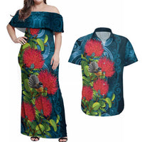 New Zealand Matariki Piwakawaka Couples Matching Off Shoulder Maxi Dress and Hawaiian Shirt Maori Koru With Pohutukawa Flowers LT05 Dark Teal - Polynesian Pride