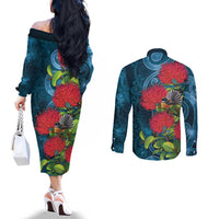 New Zealand Matariki Piwakawaka Couples Matching Off The Shoulder Long Sleeve Dress and Long Sleeve Button Shirt Maori Koru With Pohutukawa Flowers LT05 - Polynesian Pride