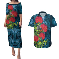 New Zealand Matariki Piwakawaka Couples Matching Puletasi and Hawaiian Shirt Maori Koru With Pohutukawa Flowers LT05 Dark Teal - Polynesian Pride