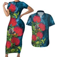 New Zealand Matariki Piwakawaka Couples Matching Short Sleeve Bodycon Dress and Hawaiian Shirt Maori Koru With Pohutukawa Flowers LT05 Dark Teal - Polynesian Pride