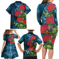 New Zealand Matariki Piwakawaka Family Matching Long Sleeve Bodycon Dress and Hawaiian Shirt Maori Koru With Pohutukawa Flowers LT05 - Polynesian Pride