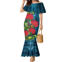 New Zealand Matariki Piwakawaka Family Matching Mermaid Dress and Hawaiian Shirt Maori Koru With Pohutukawa Flowers LT05 Mom's Dress Dark Teal - Polynesian Pride