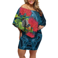 New Zealand Matariki Piwakawaka Family Matching Off Shoulder Short Dress and Hawaiian Shirt Maori Koru With Pohutukawa Flowers LT05 Mom's Dress Dark Teal - Polynesian Pride