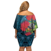 New Zealand Matariki Piwakawaka Family Matching Off Shoulder Short Dress and Hawaiian Shirt Maori Koru With Pohutukawa Flowers LT05 - Polynesian Pride