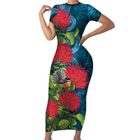 New Zealand Matariki Piwakawaka Family Matching Short Sleeve Bodycon Dress and Hawaiian Shirt Maori Koru With Pohutukawa Flowers LT05 Mom's Dress Dark Teal - Polynesian Pride