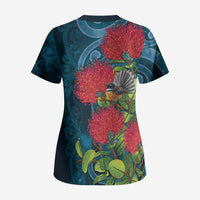 New Zealand Matariki Piwakawaka Scrub Top Maori Koru With Pohutukawa Flowers