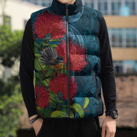 New Zealand Matariki Piwakawaka Sleeveless Puffer Jacket Maori Koru With Pohutukawa Flowers