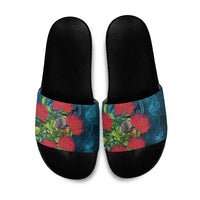 New Zealand Matariki Piwakawaka Slide Sandals Maori Koru With Pohutukawa Flowers LT05 Dark Teal - Polynesian Pride