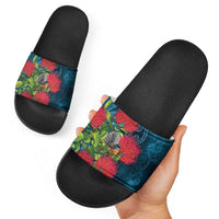 New Zealand Matariki Piwakawaka Slide Sandals Maori Koru With Pohutukawa Flowers LT05 - Polynesian Pride