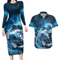 New Zealand Matariki Couples Matching Long Sleeve Bodycon Dress and Hawaiian Shirt Pigeon Kereru Maori Fern Art LT05 Blue - Polynesian Pride