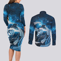 New Zealand Matariki Couples Matching Long Sleeve Bodycon Dress and Long Sleeve Button Shirt Pigeon Kereru Maori Fern Art LT05 - Polynesian Pride