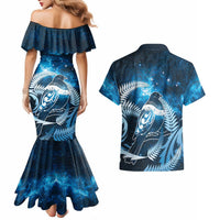 New Zealand Matariki Couples Matching Mermaid Dress and Hawaiian Shirt Pigeon Kereru Maori Fern Art LT05 - Polynesian Pride