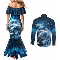 New Zealand Matariki Couples Matching Mermaid Dress and Long Sleeve Button Shirt Pigeon Kereru Maori Fern Art LT05 - Polynesian Pride