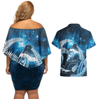 New Zealand Matariki Couples Matching Off Shoulder Short Dress and Hawaiian Shirt Pigeon Kereru Maori Fern Art LT05 - Polynesian Pride