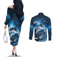 New Zealand Matariki Couples Matching Off The Shoulder Long Sleeve Dress and Long Sleeve Button Shirt Pigeon Kereru Maori Fern Art LT05 - Polynesian Pride