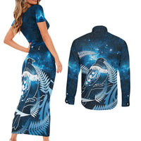 New Zealand Matariki Couples Matching Short Sleeve Bodycon Dress and Long Sleeve Button Shirt Pigeon Kereru Maori Fern Art LT05 - Polynesian Pride