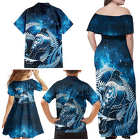 New Zealand Matariki Family Matching Off Shoulder Maxi Dress and Hawaiian Shirt Pigeon Kereru Maori Fern Art LT05 - Polynesian Pride