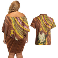 Hawaii King Kamehameha Couples Matching Off Shoulder Short Dress and Hawaiian Shirt Hawaiian Kakau Pattern With Leis