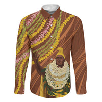 Hawaii King Kamehameha Family Matching Off The Shoulder Long Sleeve Dress and Hawaiian Shirt Hawaiian Kakau Pattern With Leis LT05 Dad's Shirt - Long Sleeve Brown - Polynesian Pride