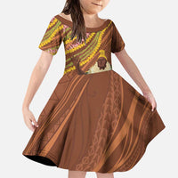 Hawaii King Kamehameha Family Matching Tank Maxi Dress and Hawaiian Shirt Hawaiian Kakau Pattern With Leis LT05 Daughter's Dress Brown - Polynesian Pride