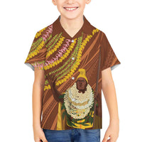 Hawaii King Kamehameha Family Matching Tank Maxi Dress and Hawaiian Shirt Hawaiian Kakau Pattern With Leis LT05 Son's Shirt Brown - Polynesian Pride