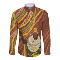 Hawaii King Kamehameha Long Sleeve Button Shirt Hawaiian Kakau Pattern With Leis