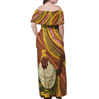 Hawaii King Kamehameha Off Shoulder Maxi Dress Hawaiian Kakau Pattern With Leis