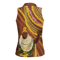 Hawaii King Kamehameha Women Sleeveless Polo Shirt Hawaiian Kakau Pattern With Leis