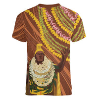 Hawaii King Kamehameha Women V-Neck T-Shirt Hawaiian Kakau Pattern With Leis