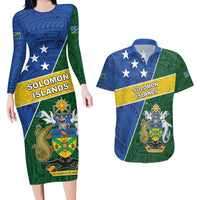 Personalised Solomon Islands Independence Day Couples Matching Long Sleeve Bodycon Dress and Hawaiian Shirt With Coat Of Arms LT05 Green - Polynesian Pride