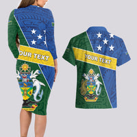 Personalised Solomon Islands Independence Day Couples Matching Long Sleeve Bodycon Dress and Hawaiian Shirt With Coat Of Arms LT05 - Polynesian Pride