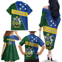 Personalised Solomon Islands Independence Day Family Matching Off The Shoulder Long Sleeve Dress and Hawaiian Shirt With Coat Of Arms LT05 - Polynesian Pride