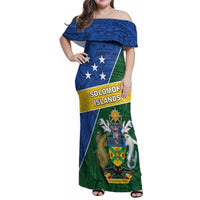 Personalised Solomon Islands Independence Day Family Matching Off Shoulder Maxi Dress and Hawaiian Shirt With Coat Of Arms LT05 Mom's Dress Green - Polynesian Pride
