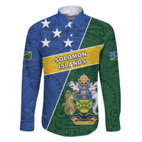 Personalised Solomon Islands Independence Day Family Matching Off Shoulder Short Dress and Hawaiian Shirt With Coat Of Arms LT05 Dad's Shirt - Long Sleeve Green - Polynesian Pride