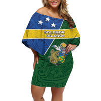 Personalised Solomon Islands Independence Day Off Shoulder Short Dress With Coat Of Arms LT05 Women Green - Polynesian Pride