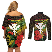 Personalized Hawaii Born and Raised Couples Matching Off Shoulder Short Dress and Long Sleeve Button Shirt Kanaka Maoli Flag Day