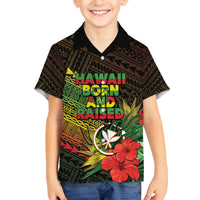 Personalized Hawaii Born and Raised Family Matching Off The Shoulder Long Sleeve Dress and Hawaiian Shirt Kanaka Maoli Flag Day LT05 Son's Shirt Reggae - Polynesian Pride
