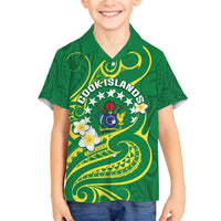 Cook Islands Happy Constitution Day Family Matching Short Sleeve Bodycon Dress and Hawaiian Shirt Pattern Tribal Art LT05 Son's Shirt Green - Polynesian Pride