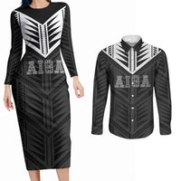 Samoa Aiga Couples Matching Long Sleeve Bodycon Dress and Long Sleeve Button Shirt Samoan Tribal Pattern LT05 Black - Polynesian Pride